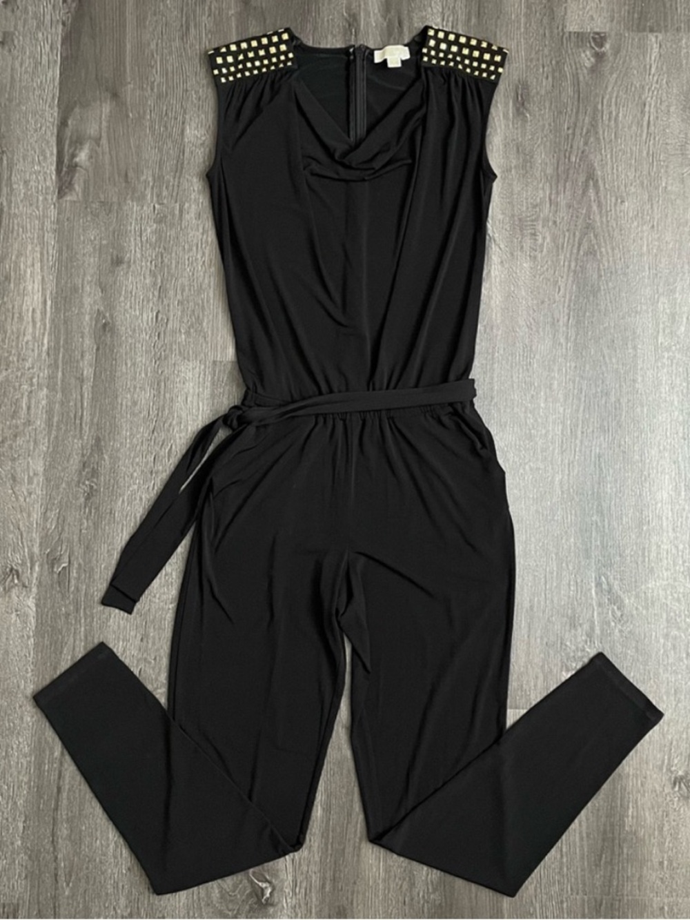 MICHAEL Michael Kors Black Sleeveless Jumpsuit with Gold Stud Accents